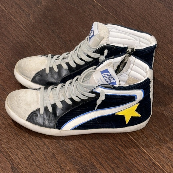 Golden Goose Women’s Navy Velvet & Leather High Tops Zipper Closure Size 38/8 - Picture 2 of 6